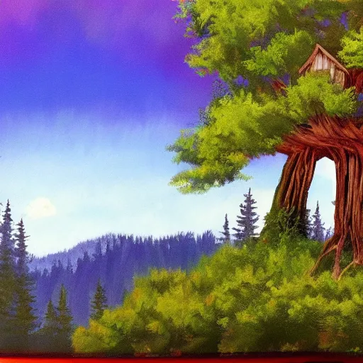 Prompt: treehouse in a wild forest, painting by bob ross