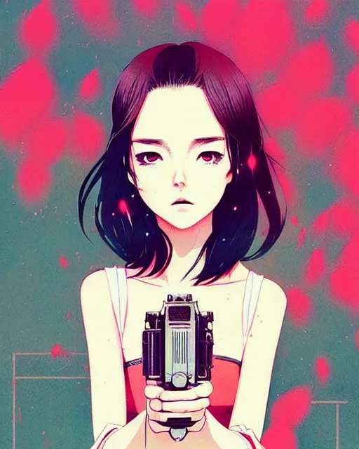 Image similar to girl holding flashbang, detailed manga illustration!! intricate details, beautiful perfect face, perfect body, aesthetically pleasing pastel colors, poster background, aesthetic details, art by conrad roset and ilya kuvshinov