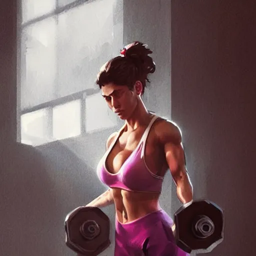 Prompt: beautiful woman working out in a gym, art by greg rutkowski, artgerm, artstation, highly detailed, pretty, gorgeous, cute, warm lighting