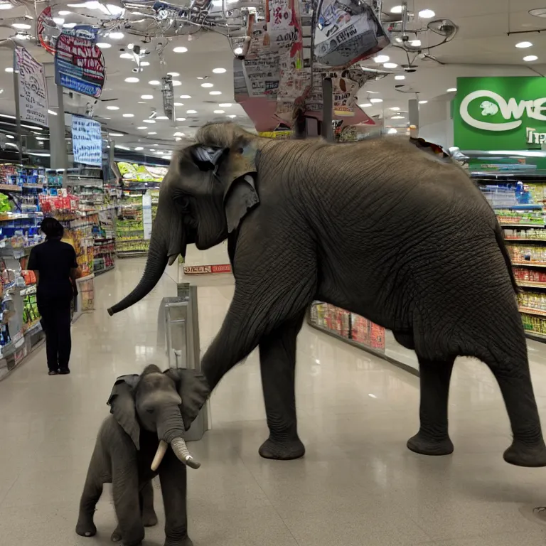 Prompt: An elephant patiently waiting in line at the supermarket