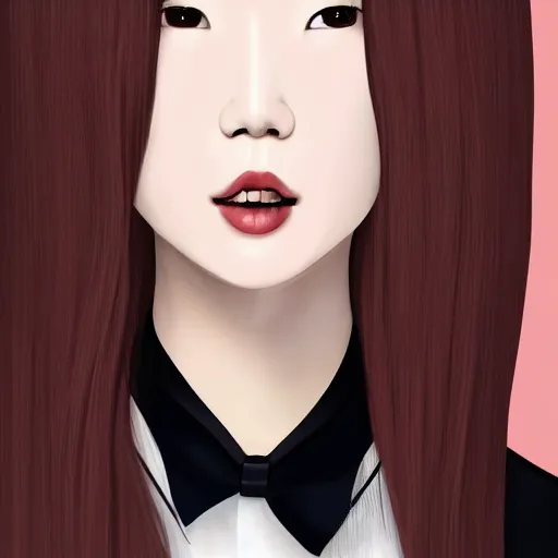 Image similar to portrait of a beautiful korean girl wearing a men's tuxedo, with long hair and bangs, angular features, angry expression, digital art, elegant pose, detailed illustration