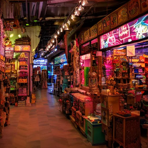 Image similar to inside a store at night, ethereal, ancient, neon lit, cosmic, mysterious