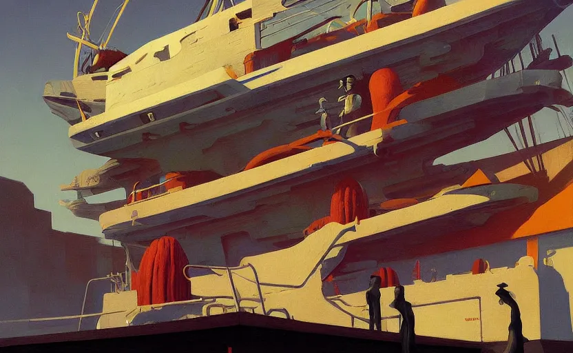 Image similar to Mysteriuos Old ship board, very coherent, painted by Edward Hopper, Wayne Barlowe, painted by James Gilleard, airbrush, art by JamesJean