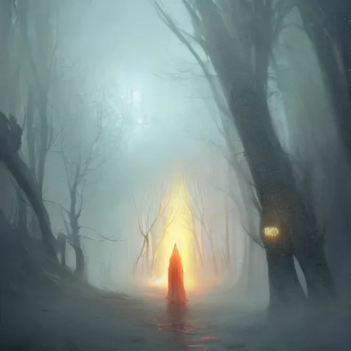 Image similar to ''cinematic shot'' white hooded mage ( spectre ) with leaves falling simetrical 8 k atmosferic realistic, radiant light, made by ivan aivazovsky, peter mohrbacher, greg rutkowski volumetric light effect broad light oil painting painting fantasy art style sci - fi art style realism premium prints available artwork unreal engine