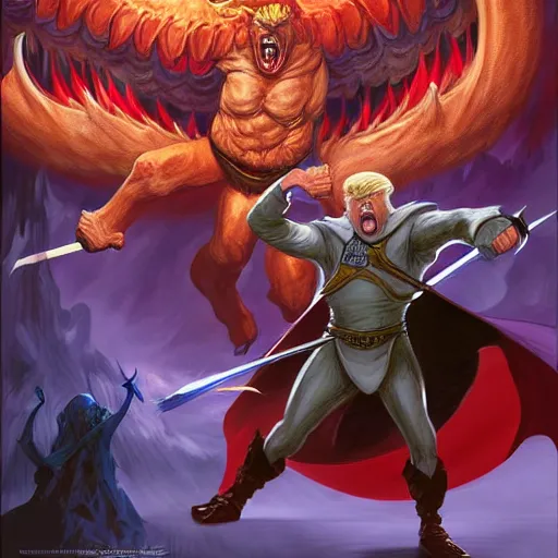 Prompt: Donald Trump Fights a demon and wins. dungeons and dragons style. highly detailed, digital painting, artstation, concept art, sharp focus, illustration, art by Josh kirby and John romita jr and moebius