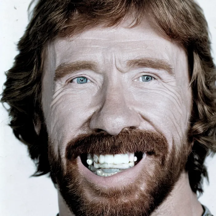 Prompt: yearbook photo of a smiling chuck norris with a mallet and braces on his teeth, 8 k, ultra detailed, depth, studio photo