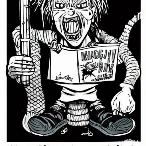 Image similar to grunge cartoon drawing of chucky by - dr seuss , loony toons style, horror themed, detailed, elegant, intricate