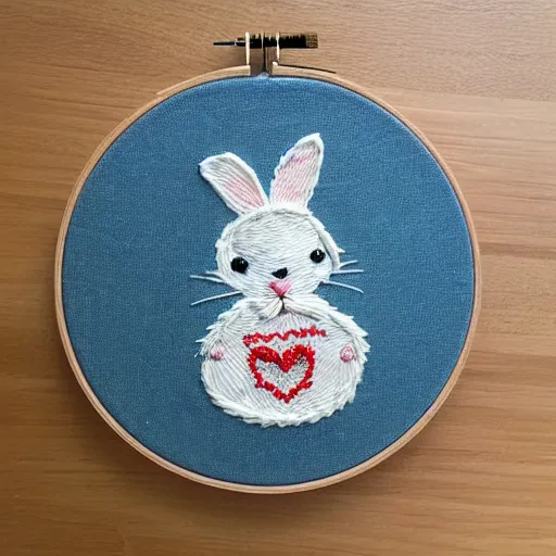 Image similar to adorable skilled intricate hand embroidery of a cute bunny