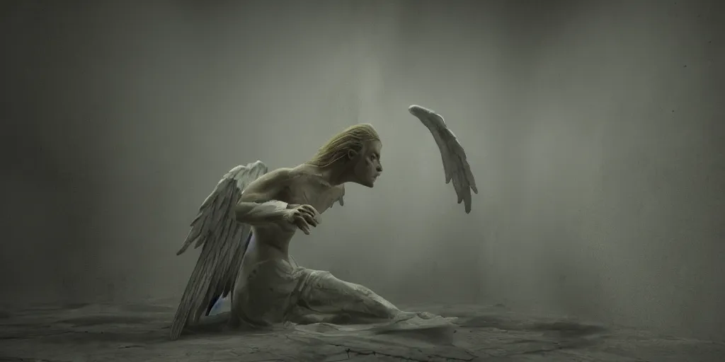 Prompt: angel getting its wings ripped apart and pushed off into the abyss, dark cinematic, volumetric, realistic, 3d render, Realistic Render, Cinematic lighting, Volumetric lighting, atmospheric, cinematic, unreal engine, unreal engine render, octane render, HD, photorealism, hyper realistic, photo, 8K, in the style of Chris Cunnigham, by Wes Anderson