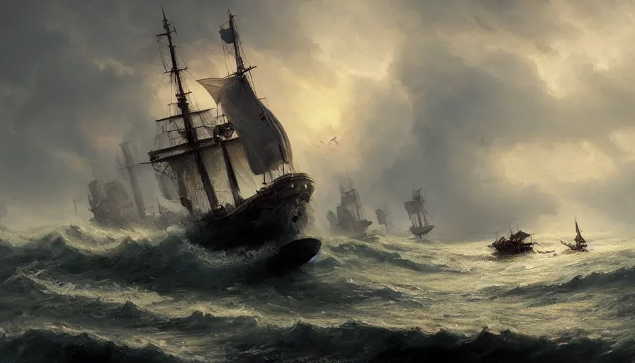 Image similar to A beautiful painting of a kraken attacking a sailing ship in a stormy sea by greg rutkowski and Kalin Popov , Trending on artstation HD.