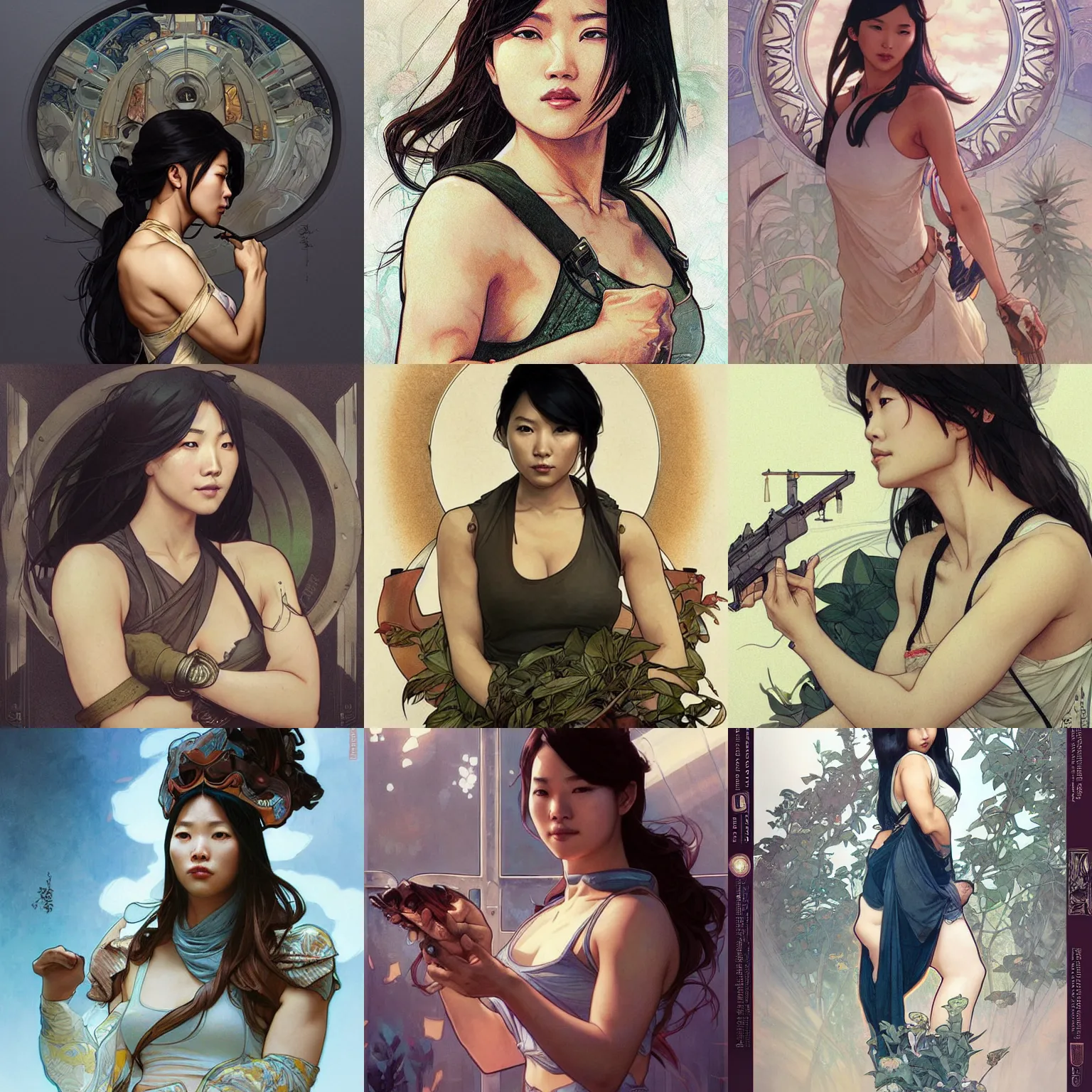 Prompt: An Asian woman in a tank by Artgerm and greg rutkowski and alphonse mucha