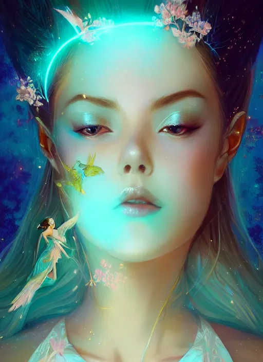 Image similar to dreamlike luxury stunning gorgeous woman fairy portrait, pale turquoise and gold kimono, art by artgerm, wlop, loish, ilya kuvshinov, 8 k hyperrealistic, hyperdetailed, beautiful lighting, detailed background, depth of field, symmetrical face, frostbite 3 engine, cryengine,
