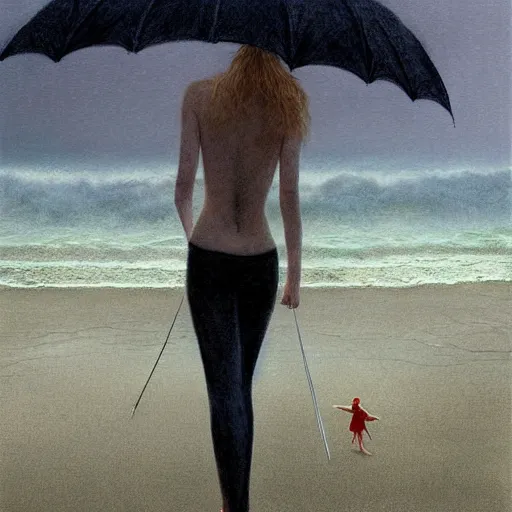 Prompt: Elle Fanning at night, stormy weather, beach, extremely detailed masterpiece, illustration, by Michael Sowa,