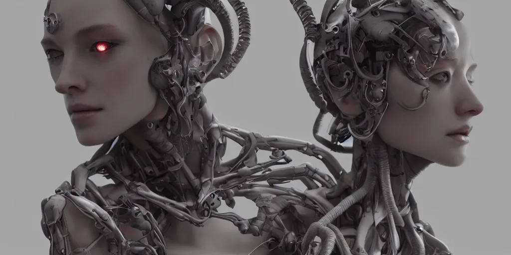 Image similar to photorealistic gorgeous symmetrical female cyborg, holding intimately, highly detailed, arms, knees, back, intricate, in the style of beth cavener, jin kagetsu, wlop, masterpiece, concept art, high key lighting, ambient lighting, octane render, 8 k, artstation