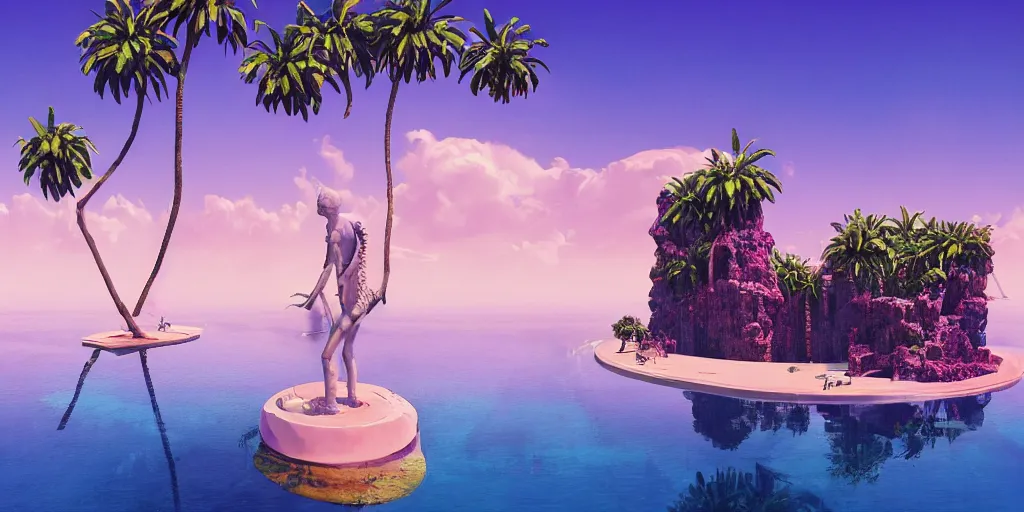 Image similar to Beeple masterpiece, hyperrealistic surrealism, award winning masterpiece with incredible details, epic stunning, infinity pool, a surreal vaporwave liminal space, highly detailed, trending on ArtStation, calming, meditative, pink arches, palm trees, vaporwave, surreal, sharp details, dreamscape, giant gold head statue ruins, crystal clear water, sunrise