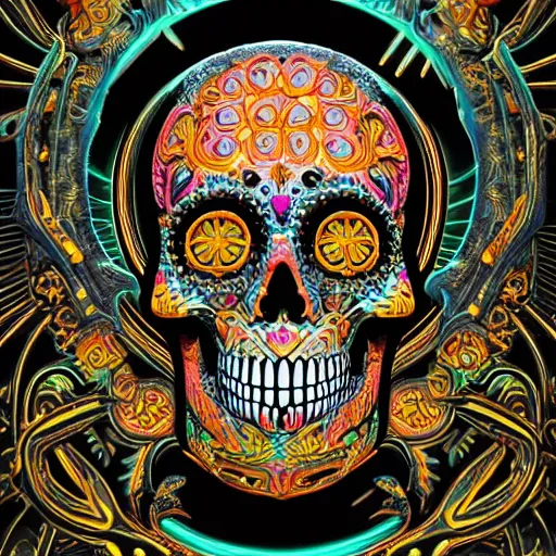 Image similar to a highly detailed photographic render of intricately carved sugar skull, psychedelic, black background, neon light, intricate ornament, gilding, horror, dark fantasy, beautifully lit, ray traced, octane 3D render in the style of Gerald Brom and James Gurney, sharp focus, HD, 8k