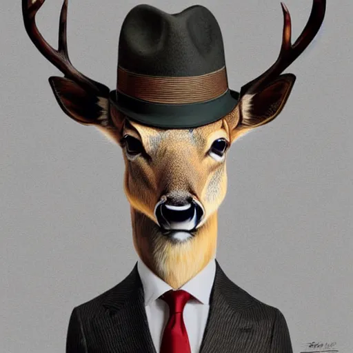 Image similar to a upper body portrait of a deer in a pinstriped suit and pants wearing a fedora with the antlers sticking out of the fedora by artgerm and wlop, intricate detail, digital art, photorealistic, trending on artstation