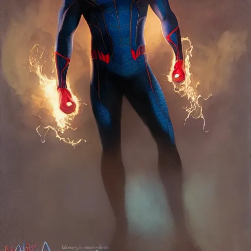 Image similar to ryan reynolds as spider - man, wearing a black and blue suit, cinematic, volumetric lighting, f 8 aperture, cinematic eastman 5 3 8 4 film, photorealistic by greg rutkowski, by stanley artgerm, by alphonse mucha