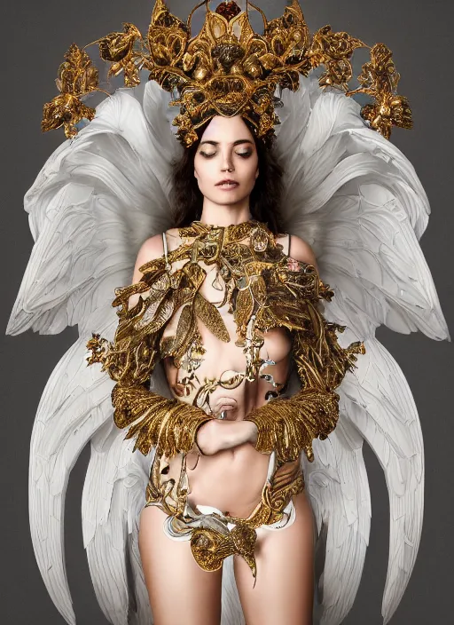 Prompt: full body environmental portrait photo of a goddess as angel, ornate headpiece made from flowers, ornaments, glamour shot by gemmy woud - binnendijk, chris knight, photorealistic, canon r 3, fashion photography, ornate, elegant, luxury and elite, symmetrical features, octane render, unreal engine, solid dark grey background, clamp shell lighting