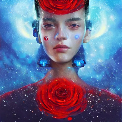 Prompt: 3 d, sci - fi, close - up, fashion model face, stars, cinematic, clouds, sun rays, vogue cover style, poster art, blue mood, realistic painting, intricate oil painting, high detail illustration, small red roses, figurative art, multiple exposure, poster art, by tooth wu and wlop and beeple and greg rutkowski