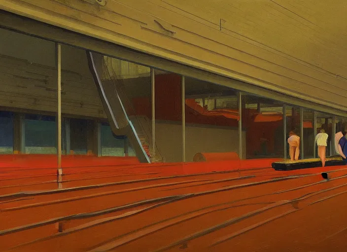 Image similar to conveyor belt with people in a flooded warehouse Edward Hopper and James Gilleard, Zdzislaw Beksinski, highly detailed