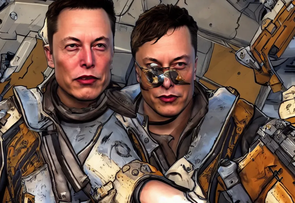 Image similar to elon musk in borderlands elon musk in the video game borderlands, gameplay screenshot, close up, 3 d rendering. unreal engine. amazing likeness. very detailed.