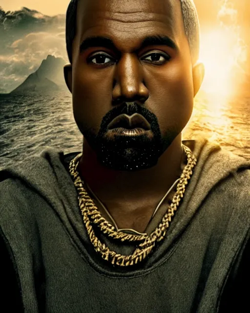 Prompt: photo portrait of kanye west as jesus in ( skyrim ), sun behind head, saint, holy, splash art, movie still, cinematic lighting, dramatic, octane render, long lens, shallow depth of field, bokeh, anamorphic lens flare, 8 k, hyper detailed, 3 5 mm film grain