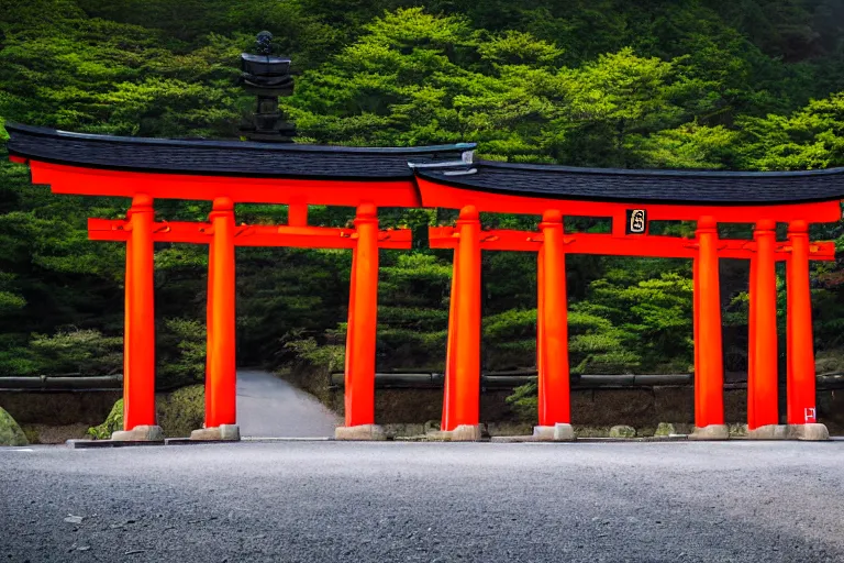 Image similar to A night photo of a school bus driving towards a Japanese Torii gate at Mount Fuji location in Japan, time travel, 4K, global illumination, ray tracing