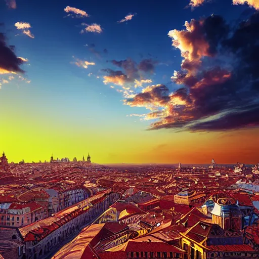 Prompt: the most beautiful sunset over baroque city, surreal, photorealistic, detailed