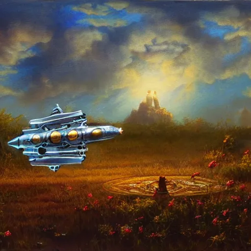 Prompt: painting of artlilery spaceship with ornate metal work lands in country landscape, filigree ornaments, volumetric lights, norm rockwell, micheal whelan