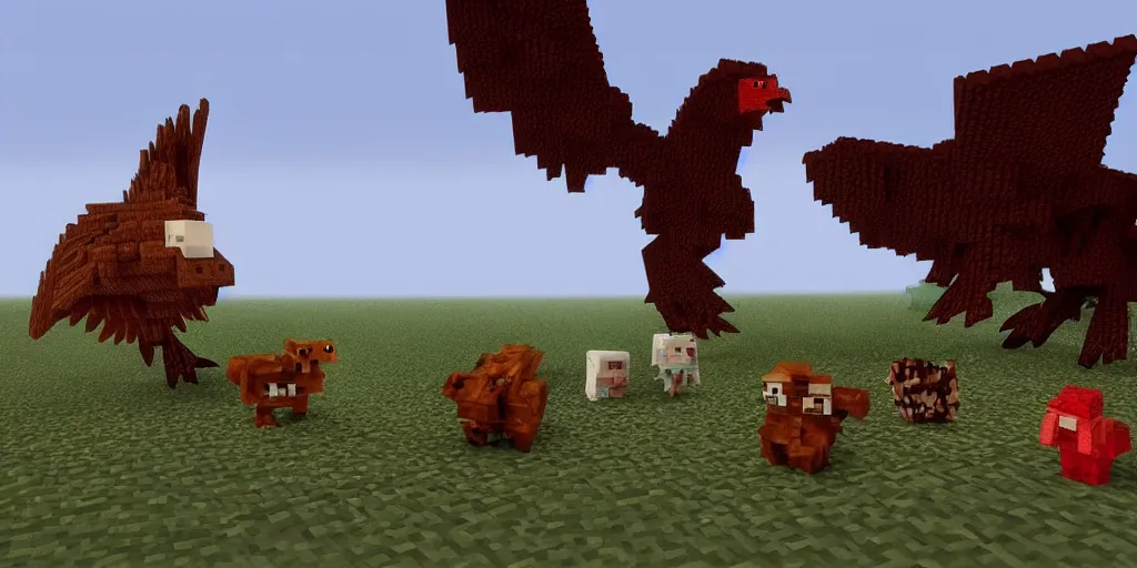 Image similar to a cycle blender render from the ender dragon vs the wither vs a chicken the chicken is defeating them both an winning, octane minecraft render 32k, film render,cinematic