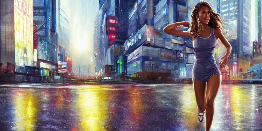 Image similar to ultra realistic painting of jessica alba in the 1 9 8 9 city of tacoma, wearing a wet white short dress, looking into the camera with a smirk while running in a cyberpunk city, art by ross draws, 4 k, ultra realistic, highly detailed, epic lighting