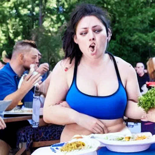 Image similar to Woman winning an eating contest, huge belly almost bursting from overeating.