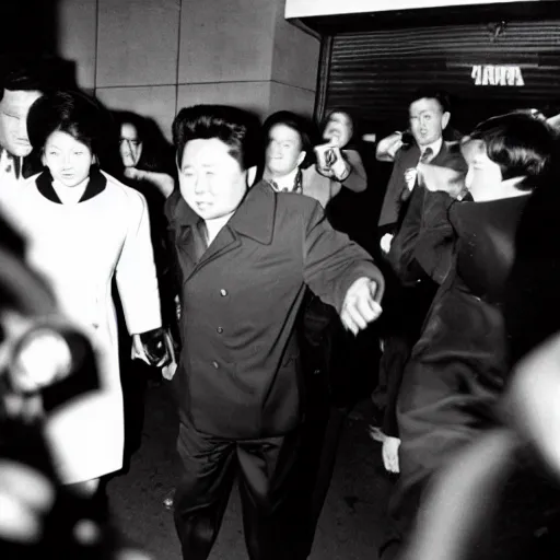 Prompt: 1960s press archive of the actress Kim Jong-il coming out of a car, faces obscured, Reuters, 35mm film, film grain, mysterious exterior, underexposed