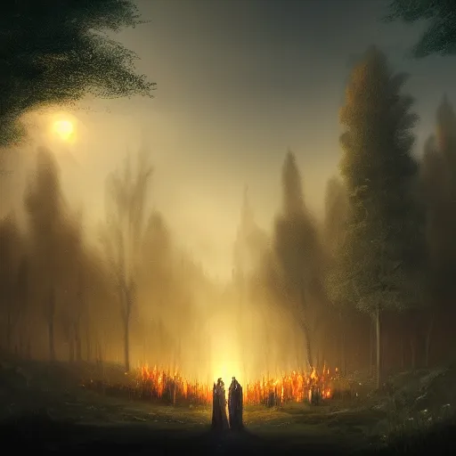 Image similar to great funeral for a fallen lord knight, many small trees and bushes in fire on background, night scene, angel flying down from sky, victorian town far away, high details, high quality, cinematic, fantasy, trending on artstation