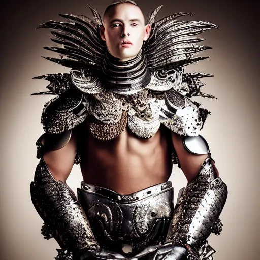 Image similar to a portrait of a beautiful young male wearing an alexander mcqueen armor made of sweet dreams , photographed by andrew thomas huang, artistic