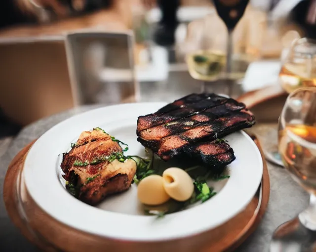 Prompt: 8 5 mm food photography of a plate of grilled airpods!!!! at restaurant with dof and bokeh and wine glasses o