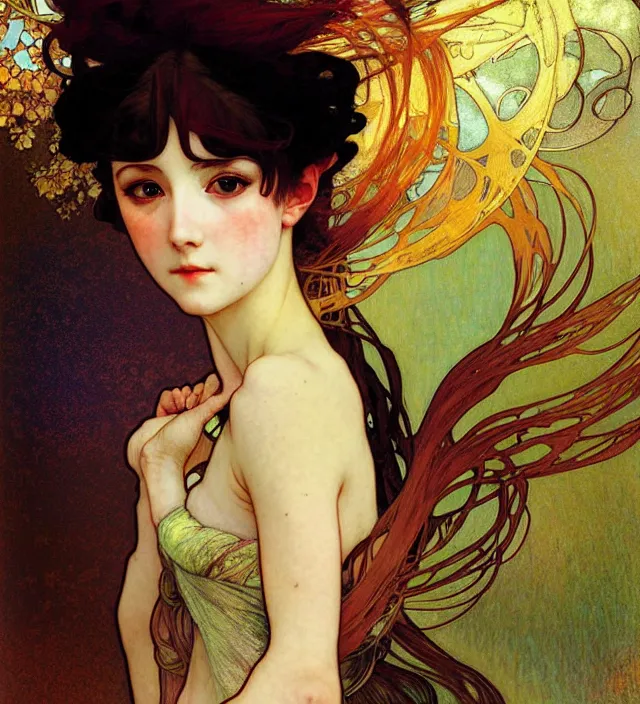 Image similar to anime girl portrait of highly details, solarpunk style,, by egon shiele and alphonse mucha, with influence of jeremy mann, peter lindbergh, dave mckean, maurice sapiro, and frank moth, soft lightning, highly detailed, 8 k