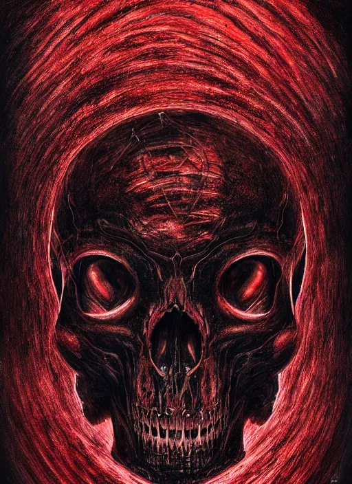 Image similar to portrait of cybernetic skull with glowing red eyes, by wayne barlow, stanley donwood, anton semenov, zdzislaw bekinski, hr giger, 8 k, sci fi, dark, highly detailed