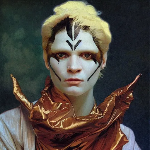 Image similar to closeup painting of uncannily beautiful androgynous albino wearing rococo byzantine clothes and face paint, science fiction by j. c. leyendecker, bosch, alphonse mucha, greg rutkowski, and beksinski