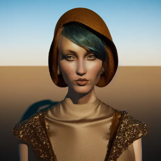 Prompt: avant-garde art, deco fashion, highly detailed, photorealistic portrait, serene desert, afternoon hour, crisp quality and light reflections, unreal engine 5 quality render