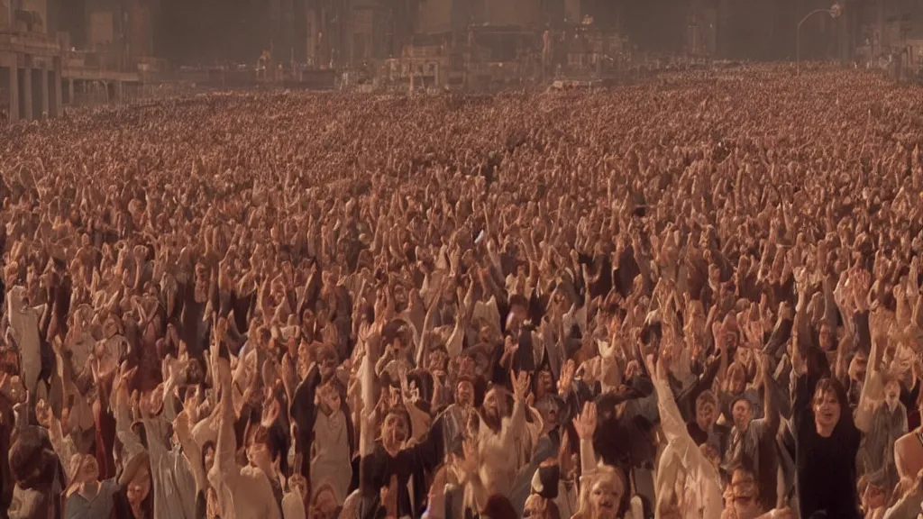 Prompt: movie still of a crowd waving hands saying good morning, cinematic composition, cinematic light, by alejandro jodorowsky