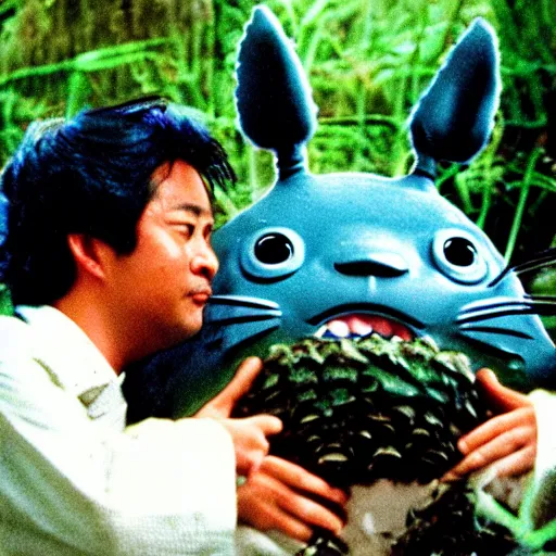 Prompt: A behind the scenes on set photo of the making of 'Totoro' by Miyazaki