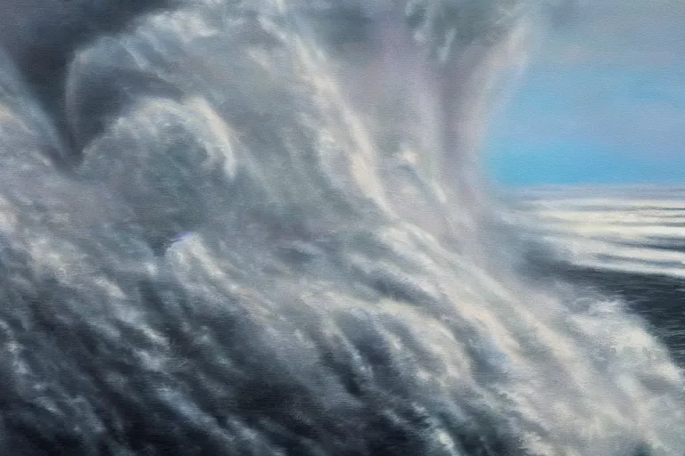 Image similar to tsunami crashing over manhattan, bird's eye view, wide shot, cinematic, realistic painting