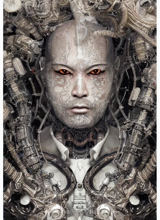 Image similar to portrait of a seductive cybernetic biopunk yakuza, imari, modern fine art, fractal, in the style of ghosts in the machine, intricate ornaments, elegant, highly detailed, digital photography, subsurface scattering, by mc escher and greg rutkowski,