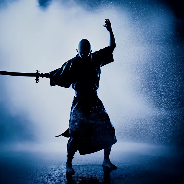 Image similar to cyber monk water dance slashing sword water, detailed bushido form water, fighting stance energy, shibuya prefecture, cinematic neon uplighting, fog mist smoke, photorealistic, night photography by tomino - sama