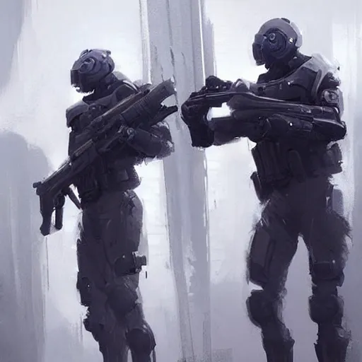 Image similar to concept art by greg rutkowski, soldiers wearing futuristic white and black tactical gear, shooting in a combat, brutalist futuristic interior, dim lighting, detailed portraits, stressfull atmosphere, scifi, digital painting, artstation, concept art, smooth, sharp foccus ilustration, artstation hq