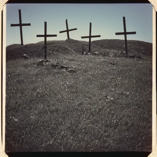 Image similar to 1 9 8 0 s flash photograph of a hill covered with crucifixes and crosses, film grain, polaroid, 3 5 mm
