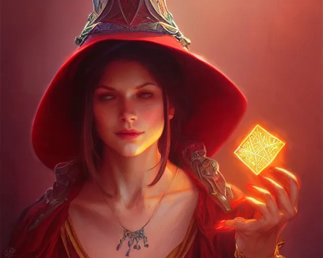 Image similar to red hat wizard, deep focus, d & d, fantasy, intricate, elegant, highly detailed, digital painting, artstation, concept art, matte, sharp focus, illustration, hearthstone, art by artgerm and greg rutkowski and alphonse mucha