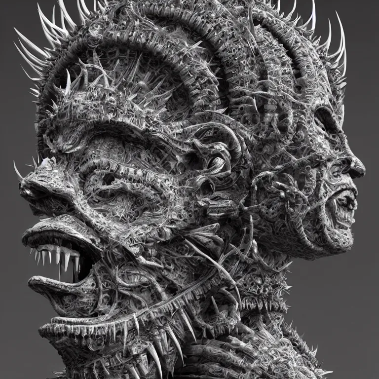 Prompt: biomechanical symmetrical spiky spinal ribbed surreal yama buddhist demon face portrait detailed beautiful BW digital art 3D render sculpture by Giger beautiful detailed intricate insanely detailed octane render, 8K artistic photography, photorealistic